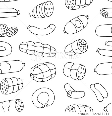 Sausages outline pattern. Butcher shop meat. Butchery menu design template for food market, ecommerce, products promotion. Vector illustration. Sausages outline pattern. Butcher shop meat. Butchery menu design template for food market, ecommerce, products promotion. Vector illustration. 127611214