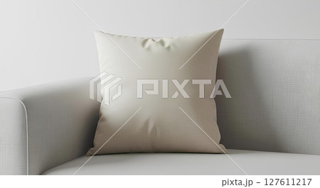 Blank, empty square pillow mockup, on couch, 3d rendering, Isolated home decor branding, lifestyle UI template. 127611217