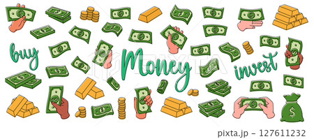 Dollar money set. Flying cash, green banknotes, stack of money, dollar bills, gold coins and bars. Cash paper currency. Vector illustration. Dollar money set. Flying cash, green banknotes, stack of money, dollar bills, gold coins and bars. Cash paper currency. Vector illustration. 127611232