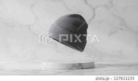Blank, empty beanie hat mockup, side view on marble pedestal in natural light, 3d rendering, Isolated winter fashion, minimalist promo template. 127611235