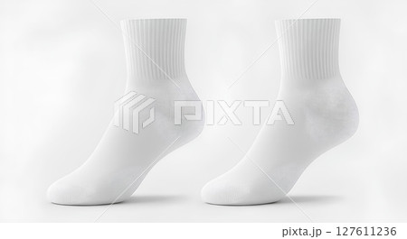 Blank, empty crew socks mockup, folded front and back views in white, 3d rendering, Isolated sock design branding, apparel bundle template. 127611236