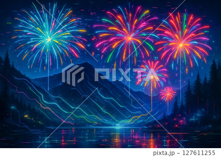 ネオンが弾けるサイバーパンク花火と未来都市 ― 油絵タッチの幻想夜景 ネオンが弾けるサイバーパンク花火と未来都市 ― 油絵タッチの幻想夜景 127611255