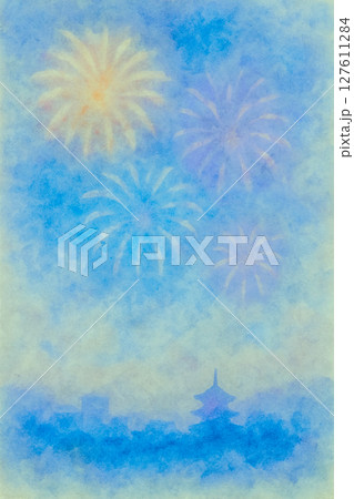 淡彩パステル花火と古都シルエット ― 和紙タッチの可憐背景 127611284