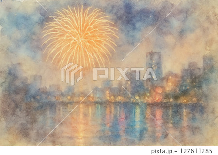 淡彩パステル花火と古都シルエット ― 和紙タッチの可憐背景 127611285