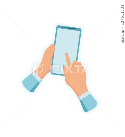 Sticker of hand holding phone. User holds smartphone with blank screen using touch gesture. Digital template illustrates app concepts for modern communication and user interaction. Sticker of hand holding phone. User holds smartphone with blank screen using touch gesture. Digital template illustrates app concepts for modern communication and user interaction. 127611333