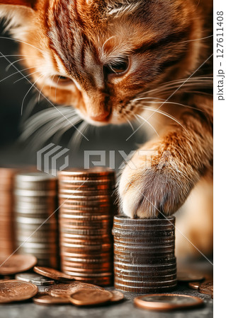 猫の手も借りたい資産運用 ― コインを積む肉球 127611408