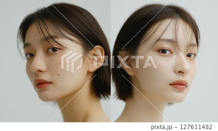 日本人女性の肌 ビフォーアフター比較 美容改善イメージ 127611482