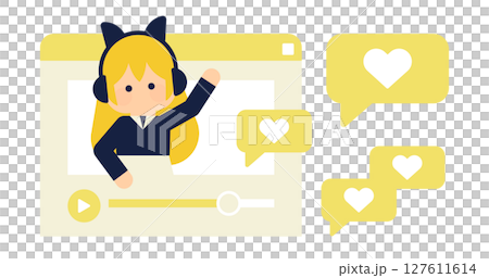 Vtuber配信中の女の子とコメントイラスト｜動画ライブ配信と視聴者の応援 127611614