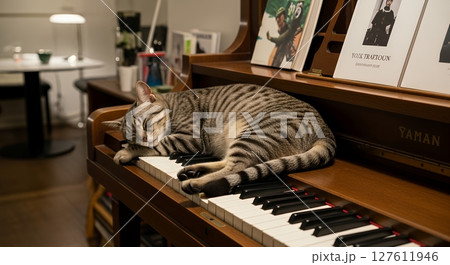 ピアノの上で眠る猫 127611946