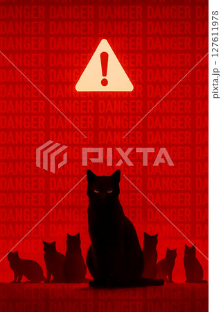 危険サインを背に潜む黒猫 ― アラートポスター 127611978