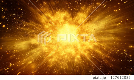 ゴールドの爆発エフェクト 派手な光線と粒子の背景素材 127612085