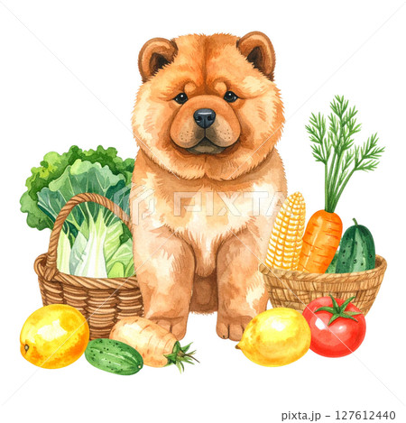 夏野菜とチャウチャウの仔犬の水彩画イラスト1／チラシやポスター用素材 127612440