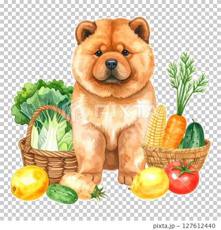 夏野菜とチャウチャウの仔犬の水彩画イラスト1／チラシやポスター用素材 127612440
