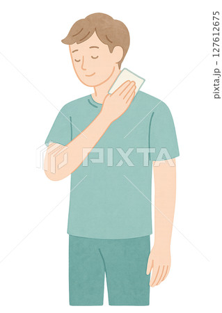 全身イラスト 首の汗を拭う男性の水彩イラスト 臭いケア 透過PNG素材 127612675