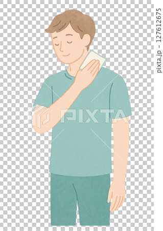 全身イラスト 首の汗を拭う男性の水彩イラスト 臭いケア 透過PNG素材 127612675