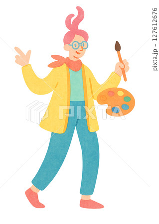 全身イラスト 個性的な画家の水彩イラスト 透過PNG素材 127612676