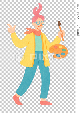 全身イラスト 個性的な画家の水彩イラスト 透過PNG素材 127612676