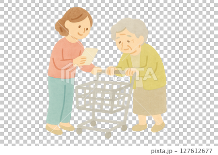 護理人員幫助老人購物的水彩插圖（透明PNG） 127612677