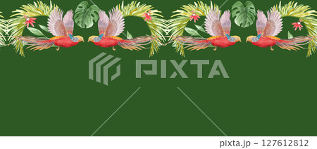 Tropical birds, palm leaves, flowers. Vibrant watercolor horizontal border on green background. Hand-painted clip art ideal for exotic branding, summer invitations, packaging, textile, travel design Tropical birds, palm leaves, flowers. Vibrant watercolor horizontal border on green background. Hand-painted clip art ideal for exotic branding, summer invitations, packaging, textile, travel design 127612812