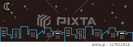 バナー　夜景　建物　都会　ビル　シルエット　星　月　街並み　背景　フレーム　壁紙　イラスト　素材 127612818