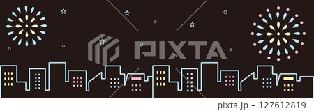バナー　夏　花火　まつり　夜景　街並み　建物　ビル　シルエット　背景　フレーム　壁紙　イラスト　素材 127612819