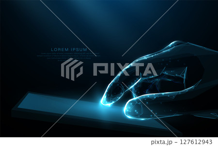 A male hand touching a tablet. From lines and triangles, a pointy, starry connecting network on a blue background. Illustration vector 127612943