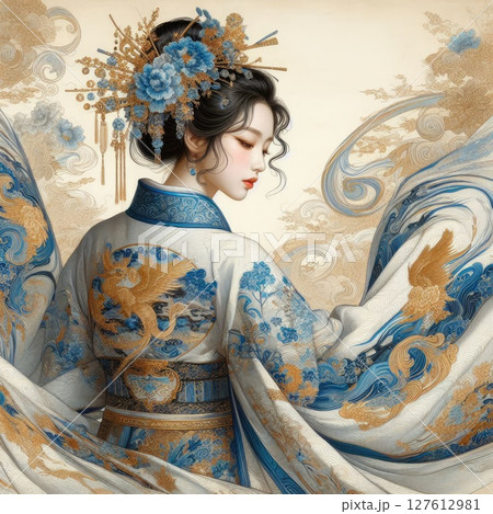 Elegance in Blue: A Portrait of Chinese traditional dress girl with Generative AI. 127612981
