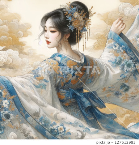 Elegance in Blue: A Portrait of Chinese traditional dress girl with Generative AI. 127612983