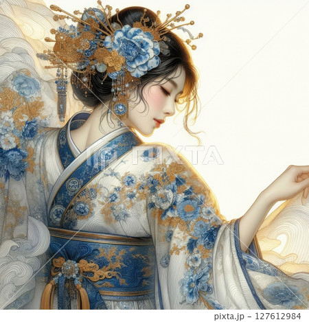 Elegance in Blue: A Portrait of Chinese traditional dress girl with Generative AI. 127612984