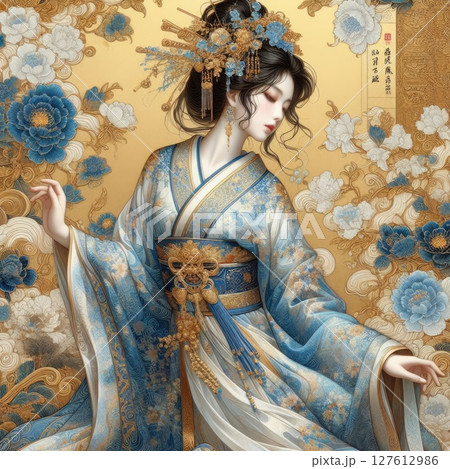 Elegance in Blue: A Portrait of Chinese traditional dress girl with Generative AI. 127612986