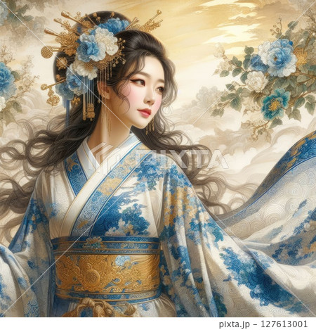 Elegance in Blue: A Portrait of Chinese traditional dress girl with Generative AI. 127613001