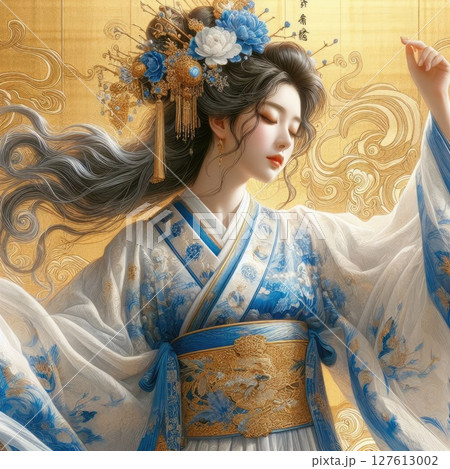 Elegance in Blue: A Portrait of Chinese traditional dress girl with Generative AI. Elegance in Blue: A Portrait of Chinese traditional dress girl with Generative AI. 127613002