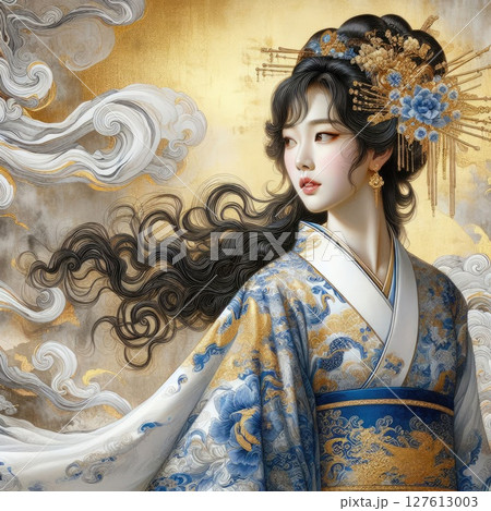 Elegance in Blue: A Portrait of Chinese traditional dress girl with Generative AI. 127613003