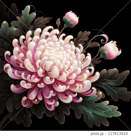 Transparent embroidered chrysanthemum with Generative AI. 127613028