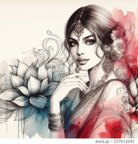 Ethereal Beauty Amidst Blooming Nelumbo nucifera with Indian saree girl with Generative AI. 127613042