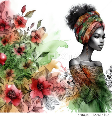 African girl portrait with floral design with Generative AI. 127613102