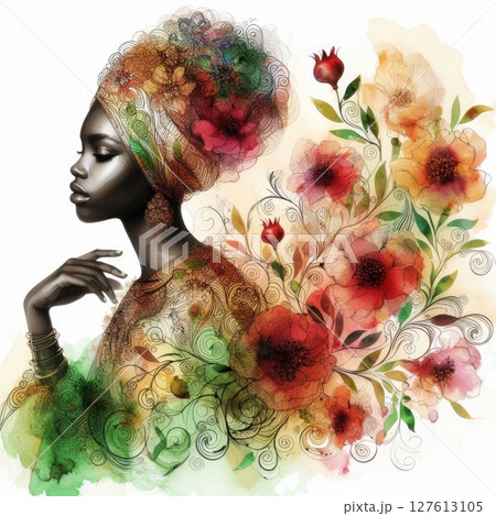African girl portrait with floral design with Generative AI. 127613105