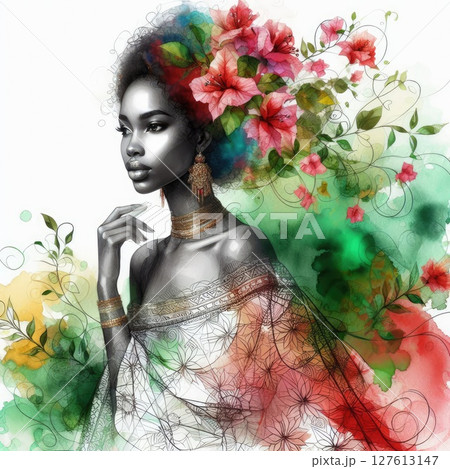 African girl portrait with floral design with Generative AI. 127613147