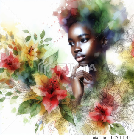 African girl portrait with floral design with Generative AI. 127613149