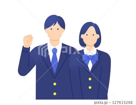 ガッツポーズする男の子 頑張る高校生 ブレザーの制服を着た男女のベクターイラスト素材 127613208