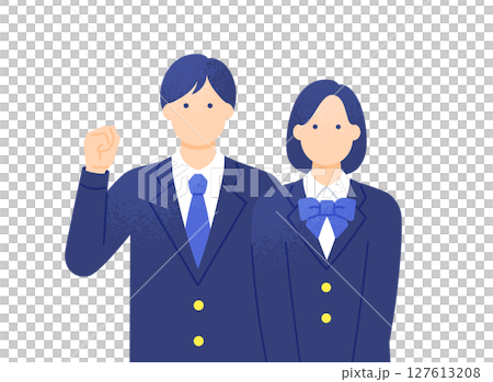 ガッツポーズする男の子 頑張る高校生 ブレザーの制服を着た男女のベクターイラスト素材 127613208