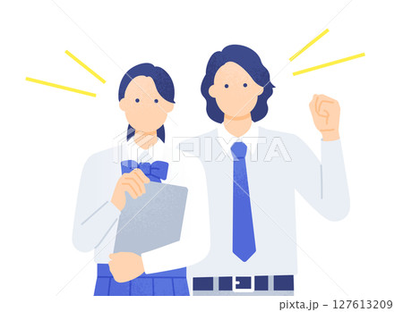 タブレットを持つ高校生 ブレザーの制服を着た学生の応援ポーズ ベクターイラスト素材 127613209