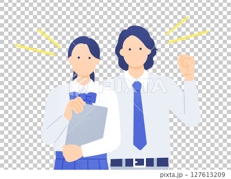 タブレットを持つ高校生 ブレザーの制服を着た学生の応援ポーズ ベクターイラスト素材 127613209