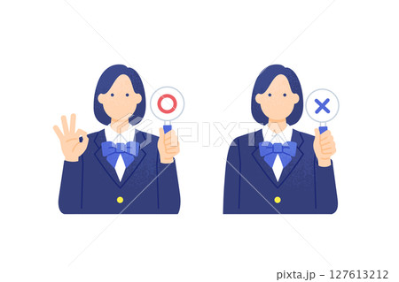 日本人女子学生のOK・NGポーズ かわいいベクターイラスト素材 127613212