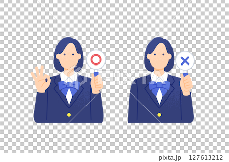 日本人女子学生のOK・NGポーズ かわいいベクターイラスト素材 127613212