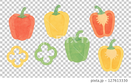 カラフルなパプリカの水彩イラスト 透過PNG 食材素材 127613330