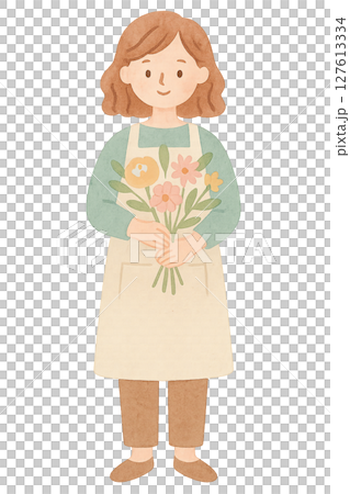 手持花束的圍裙女子全身水彩插圖透明PNG 手持花束的圍裙女子全身水彩插圖透明PNG 127613334