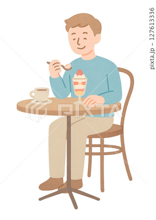 テーブルでパフェを楽しむ男性の全身水彩イラスト 透過PNG テーブルでパフェを楽しむ男性の全身水彩イラスト 透過PNG 127613336
