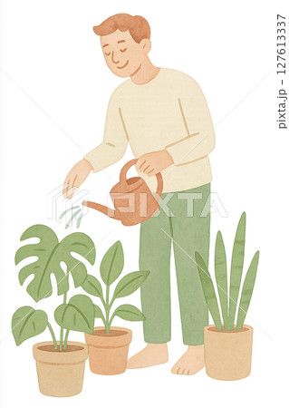 観葉植物に水やりをする男性の全身水彩イラスト 透過PNG 127613337