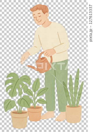 観葉植物に水やりをする男性の全身水彩イラスト 透過PNG 127613337
